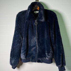 MOLLY BRACKEN Zipped Faux Fur Jacket in Navy Blue, Size Large